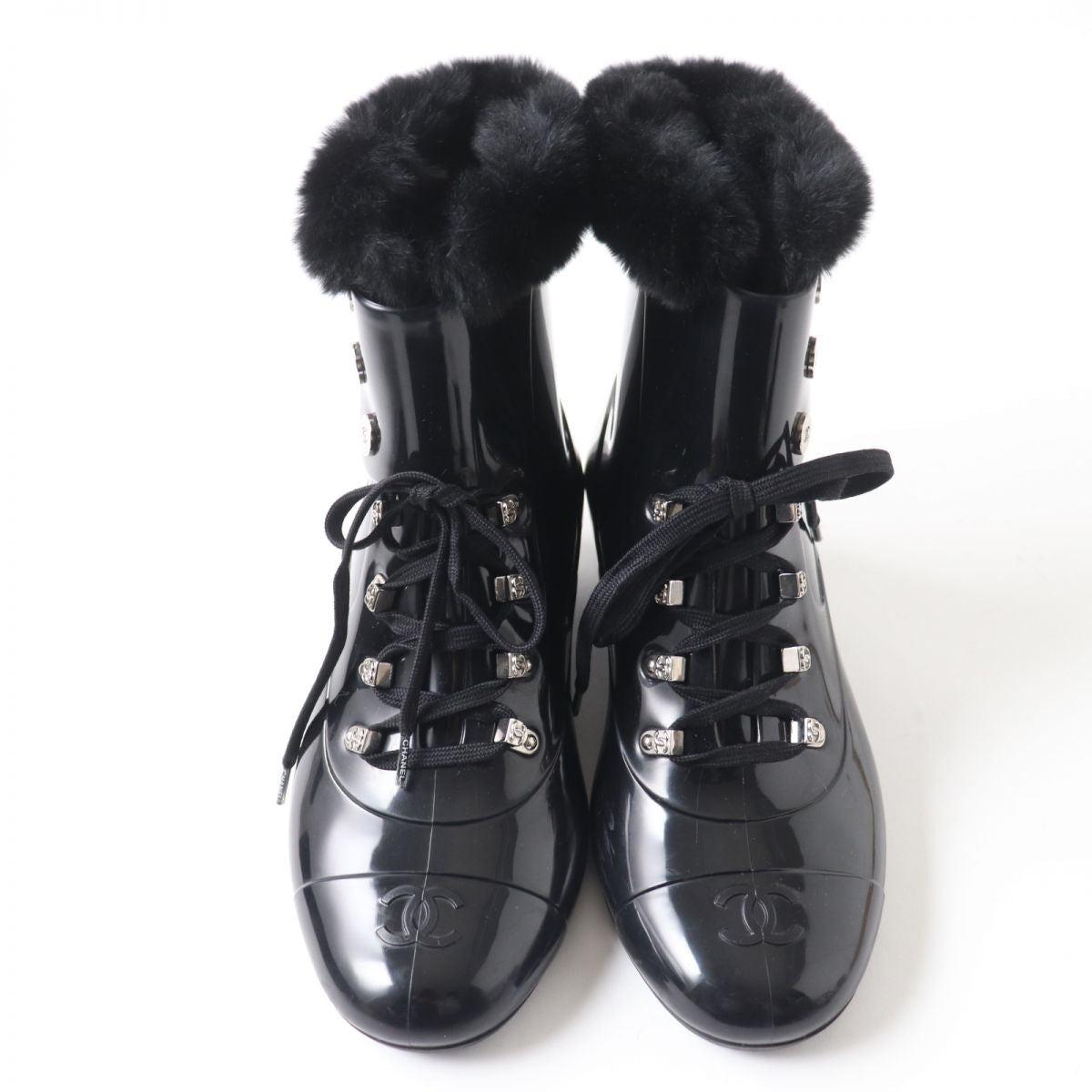 Chanel COCO Mark Fur Lace-Up Rain Boots