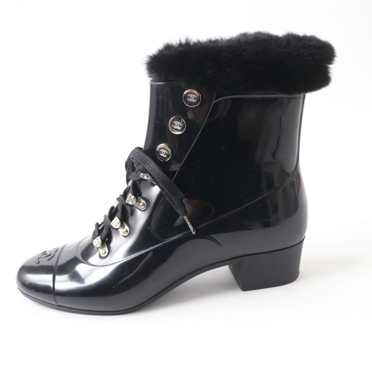 Chanel COCO Mark Fur Lace-Up Rain Boots