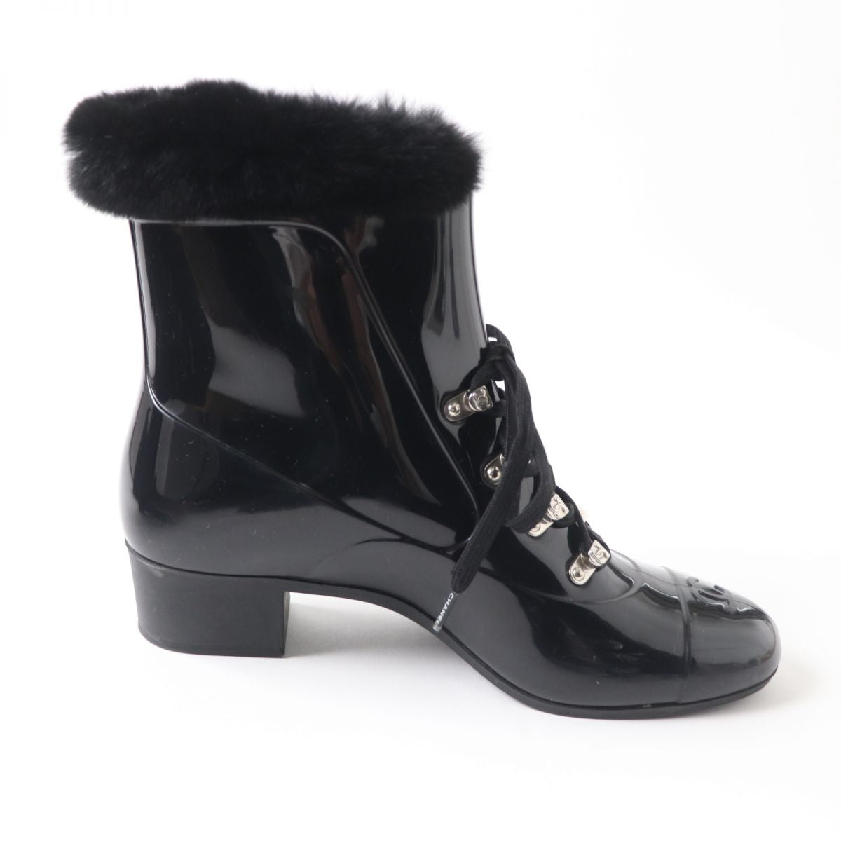 Chanel COCO Mark Fur Lace-Up Rain Boots