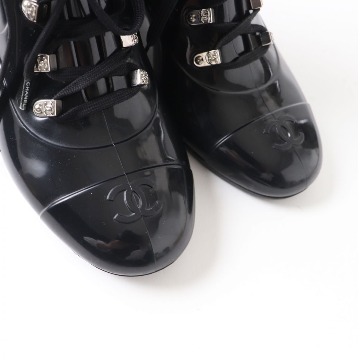 Chanel COCO Mark Fur Lace-Up Rain Boots