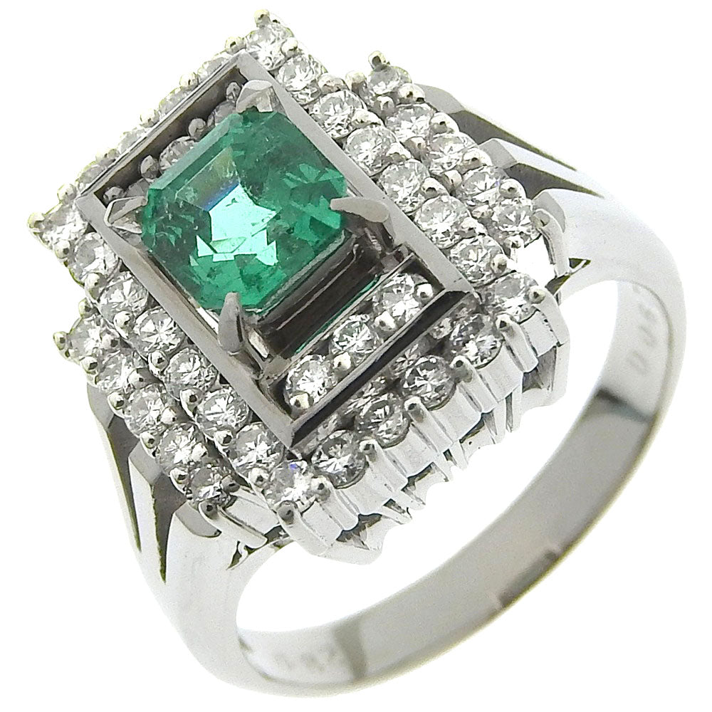 Pt900 Platinum Emerald Diamond Ring