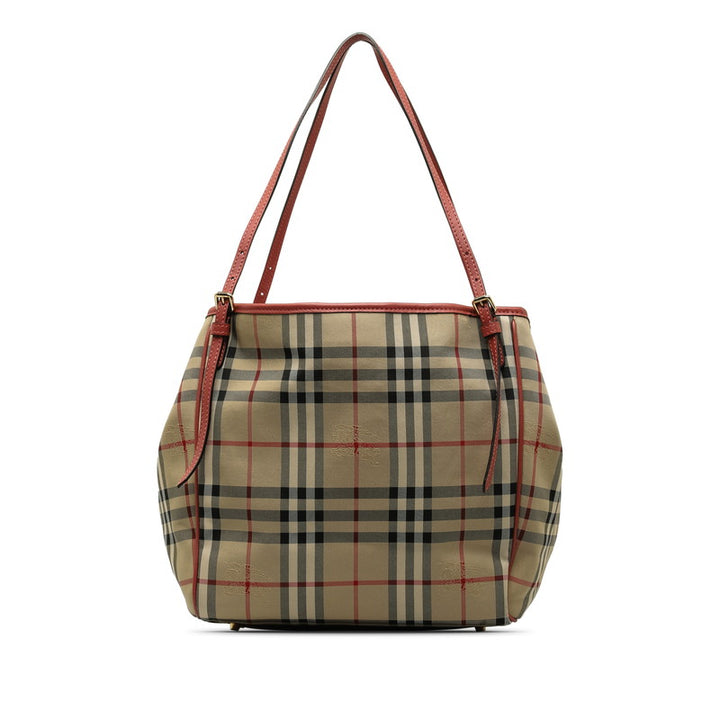 Burberry Nova Check Shadow Horse Canvas Leather Tote Bag in Very Good Condition