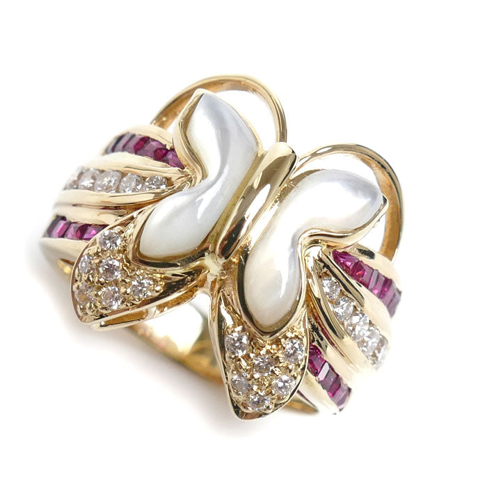 K18YG Yellow Gold Ruby Diamond Shell Butterfly Ring