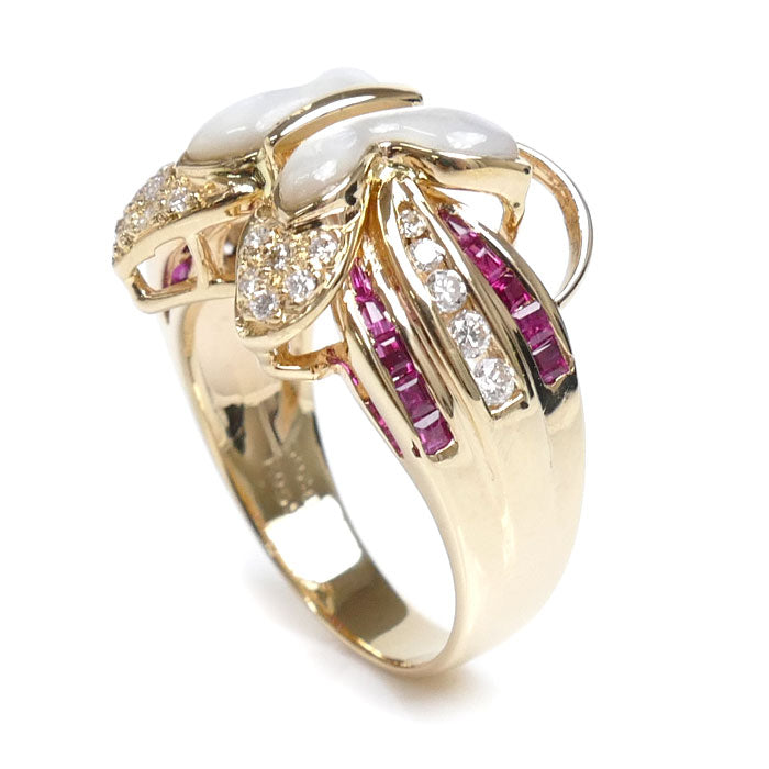 K18YG Yellow Gold Ruby Diamond Shell Butterfly Ring