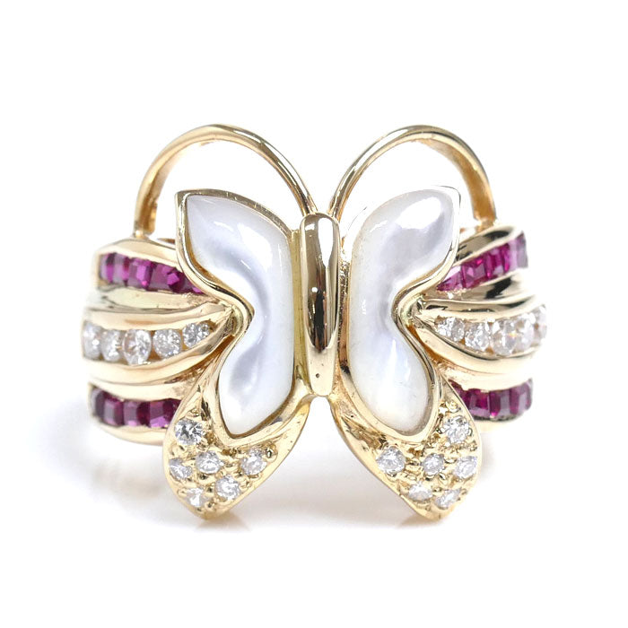 K18YG Yellow Gold Ruby Diamond Shell Butterfly Ring