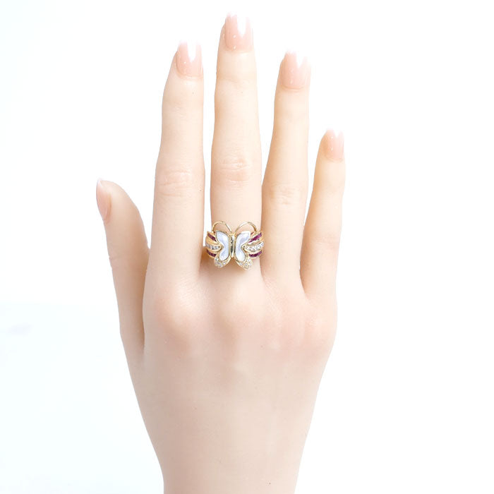 K18YG Yellow Gold Ruby Diamond Shell Butterfly Ring