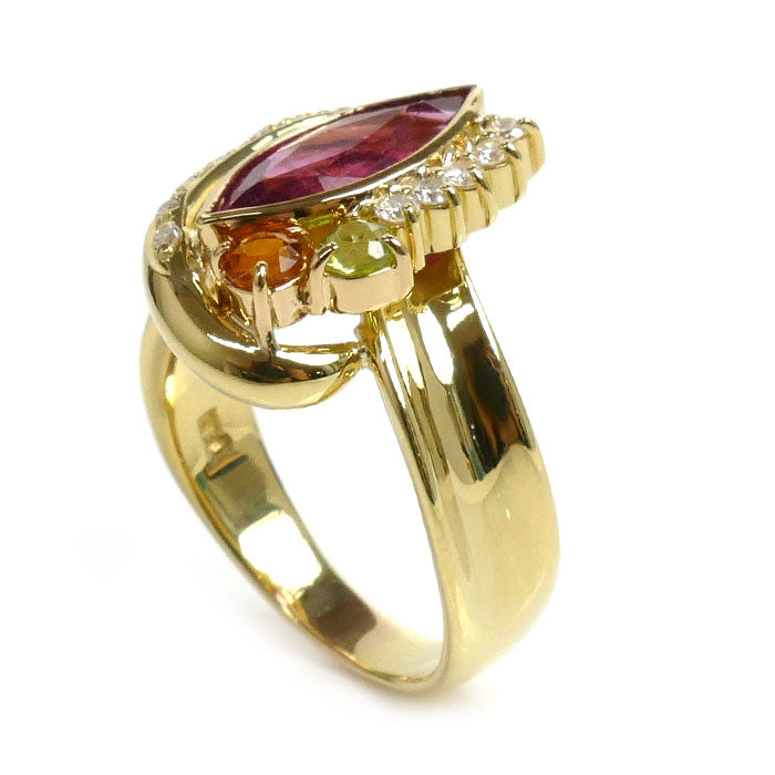 K18YG Yellow Gold Marquise Cut Ring Tourmaline Diamond Peridot