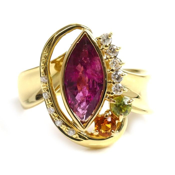 K18YG Yellow Gold Marquise Cut Ring Tourmaline Diamond Peridot