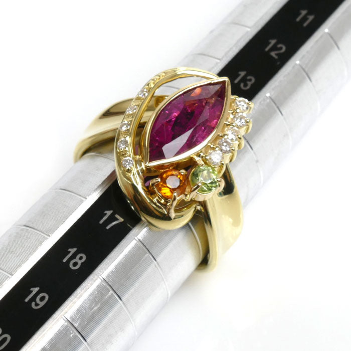 K18YG Yellow Gold Marquise Cut Ring Tourmaline Diamond Peridot