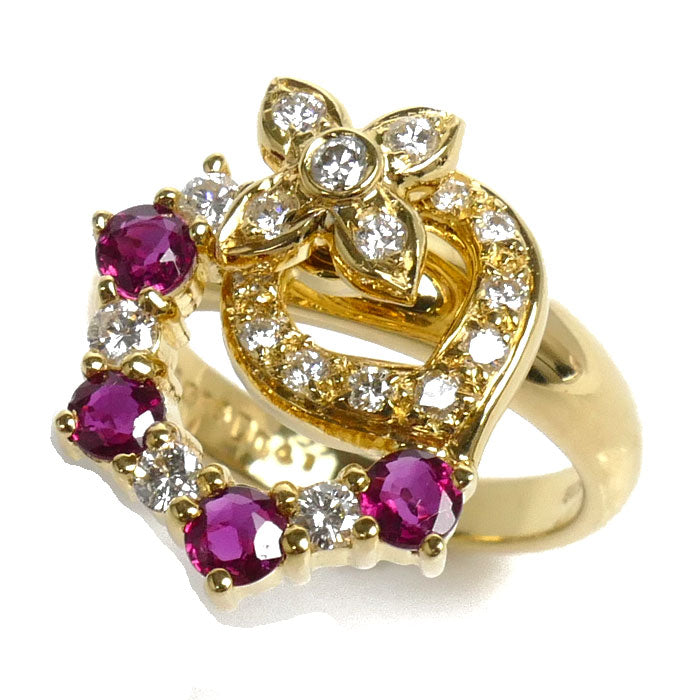 K18YG Yellow Gold Ruby Diamond Flower Ring