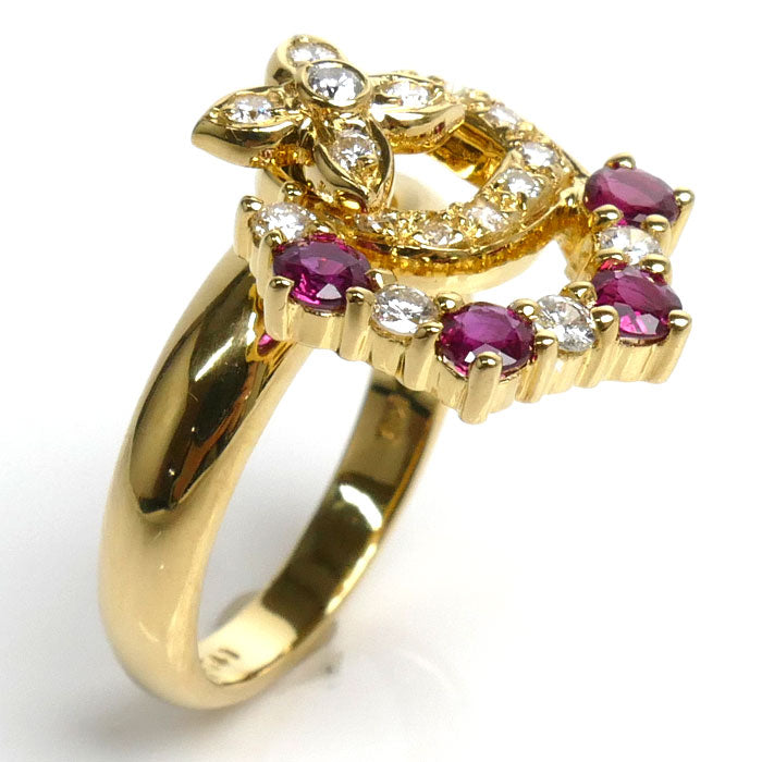 K18YG Yellow Gold Ruby Diamond Flower Ring