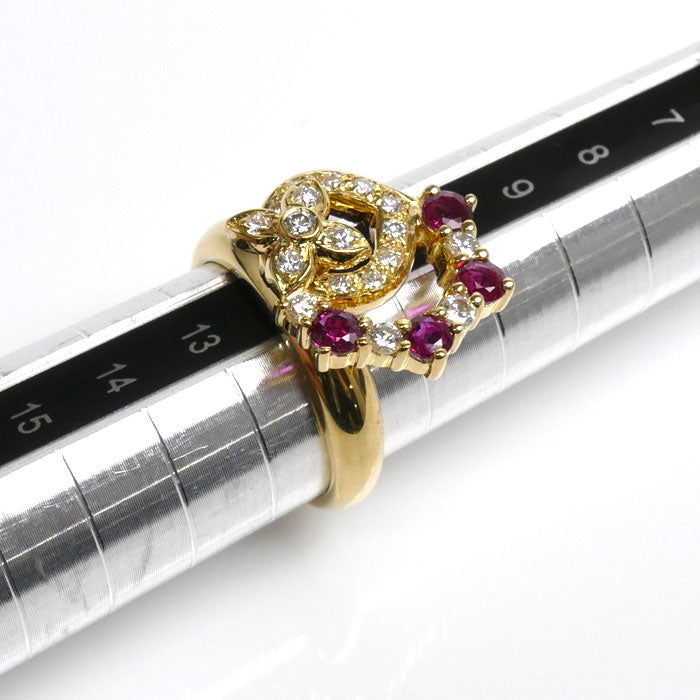 K18YG Yellow Gold Ruby Diamond Flower Ring