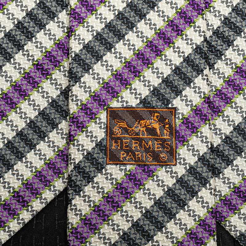 Hermes Silk Stripe Tie Black Purple White