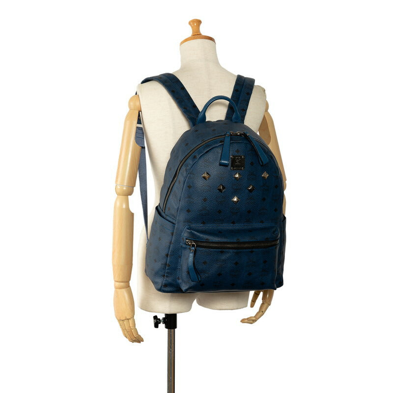 MCM Visetos Logo Studded Backpack Blue PVC Leather