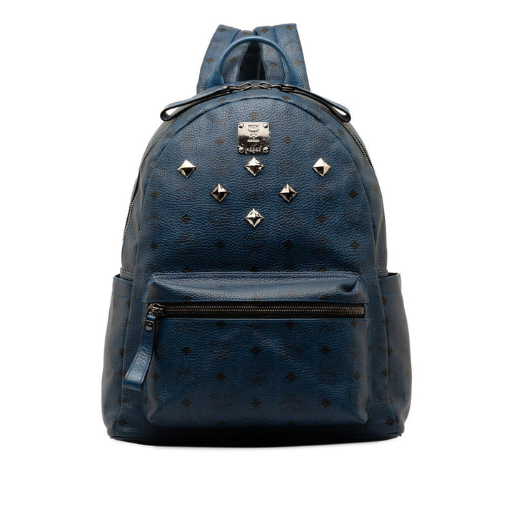 MCM Visetos Logo Studded PVC Leather Backpack Blue in Very Good Condition