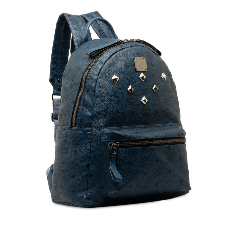 MCM Visetos Logo Studded Backpack Blue PVC Leather