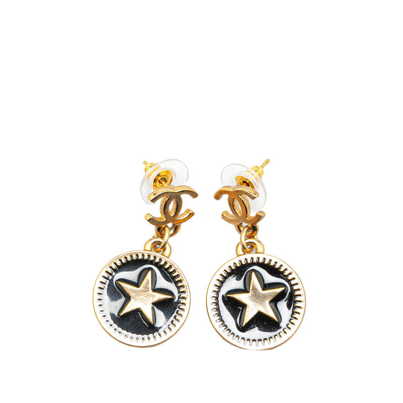 Chanel Star Motif Round Earrings Gold Black