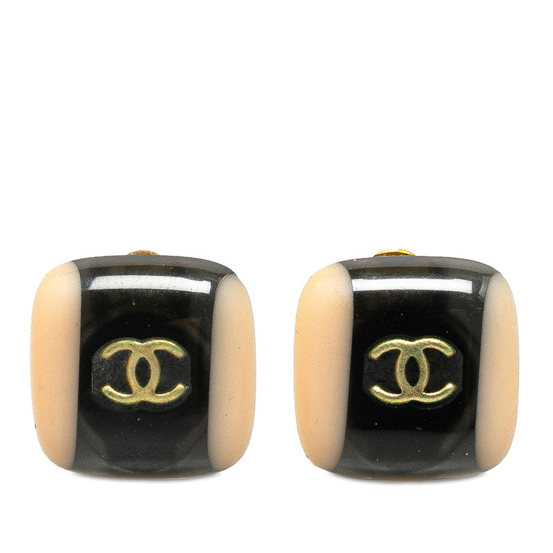 Chanel Coco Mark Square Earrings Black Gold Plastic in Very Good Condition