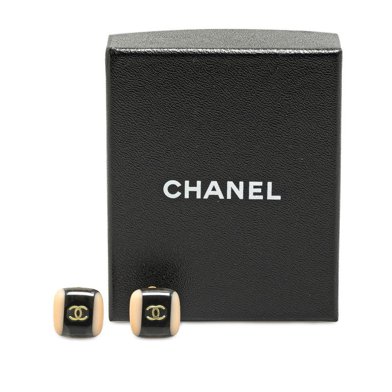 Chanel Coco Mark Square Earrings Black Gold Plastic in Very Good Condition