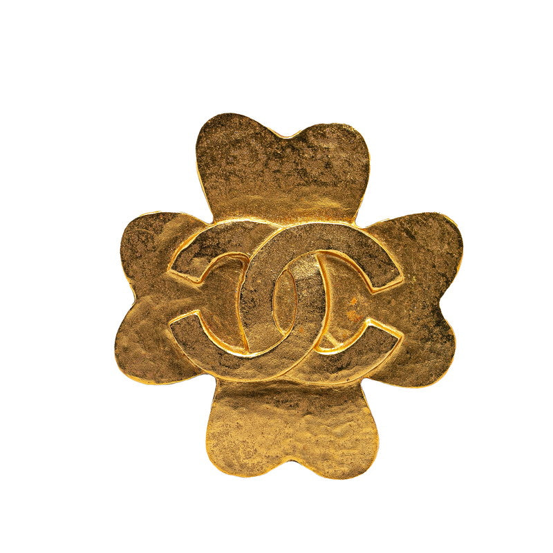 Chanel Vintage Coco Mark Flower Clover Brooch Gold Plated