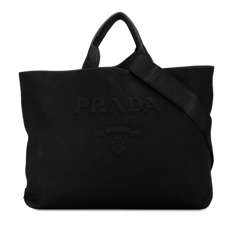 Prada Canvas Drill Triangle Logo Plate Tote Bag 2VG081