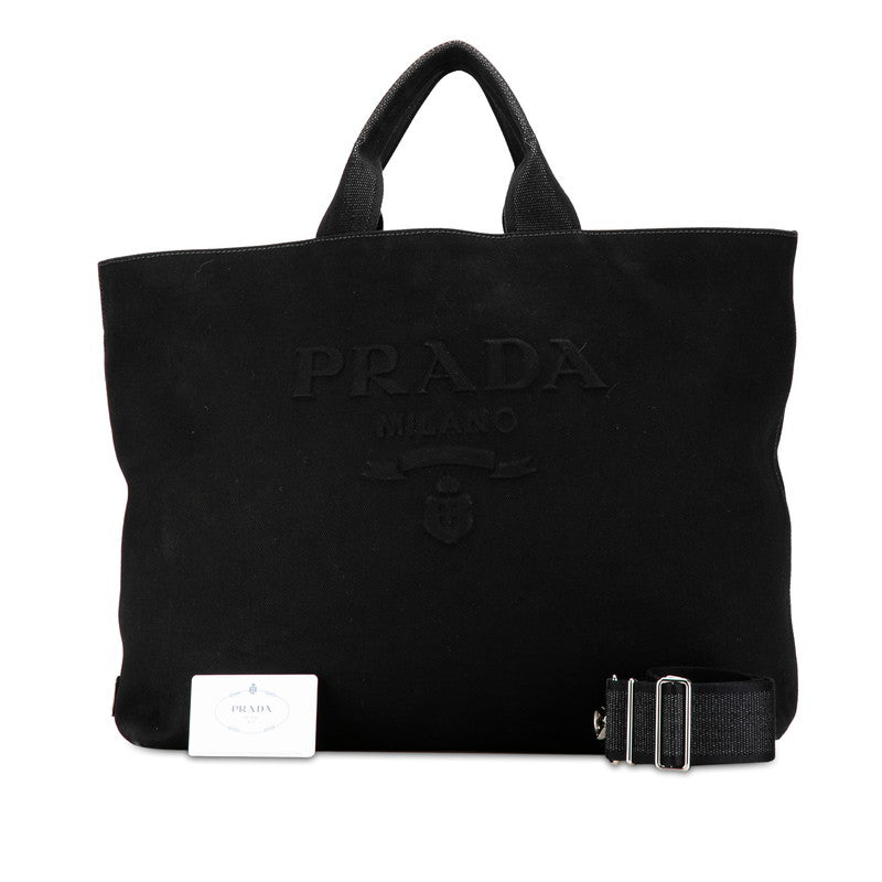 Prada Canvas Drill Triangle Logo Plate Tote Bag 2VG081