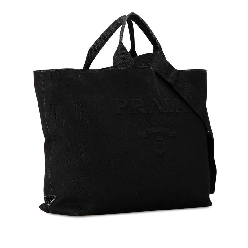 Prada Canvas Drill Triangle Logo Plate Tote Bag 2VG081