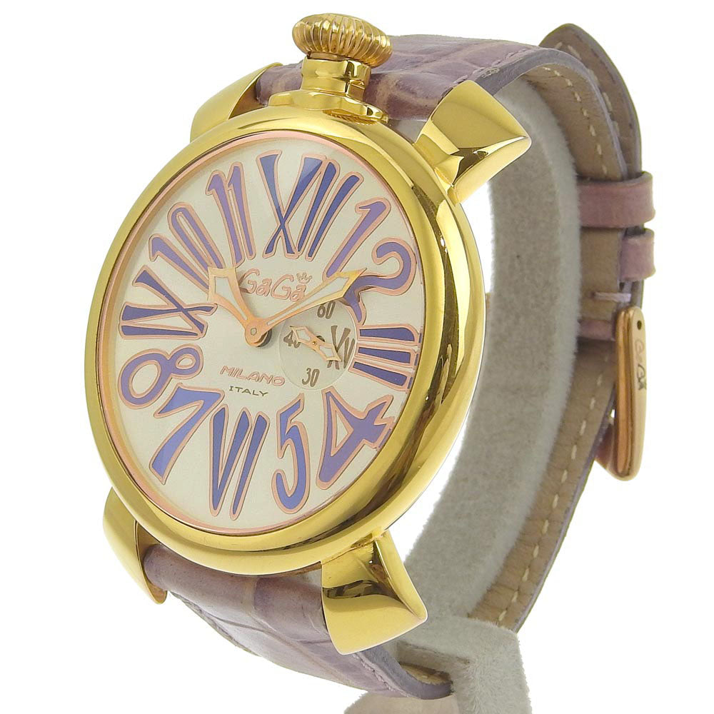 Gaga Milano Manuale Slim46 Men's Watch, Stainless Steel and Leather, Purple, Swiss Made, Gold Quartz, Small Second, Purple Dial [Used]