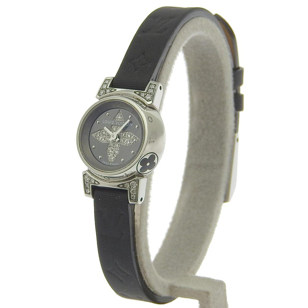 Louis Vuitton Tambour Bijou Women's Watch, Model Q151K, Stainless Steel, Leather and Diamonds, Swiss Made, Black Quartz, Analogue Display, Black Dial [Used] - A Rank Q151K