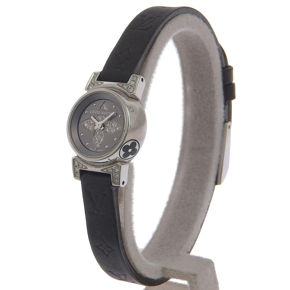 Louis Vuitton  Louis Vuitton Tambour Bijou Center Pave Q151K Ladies Wristwatch, Stainless Steel with Leather and Diamond Detailing, Analog Display, Black Quartz, Silver Dial, Made in Switzerland [Pre-owned] Metal Quartz Q151K in Good condition