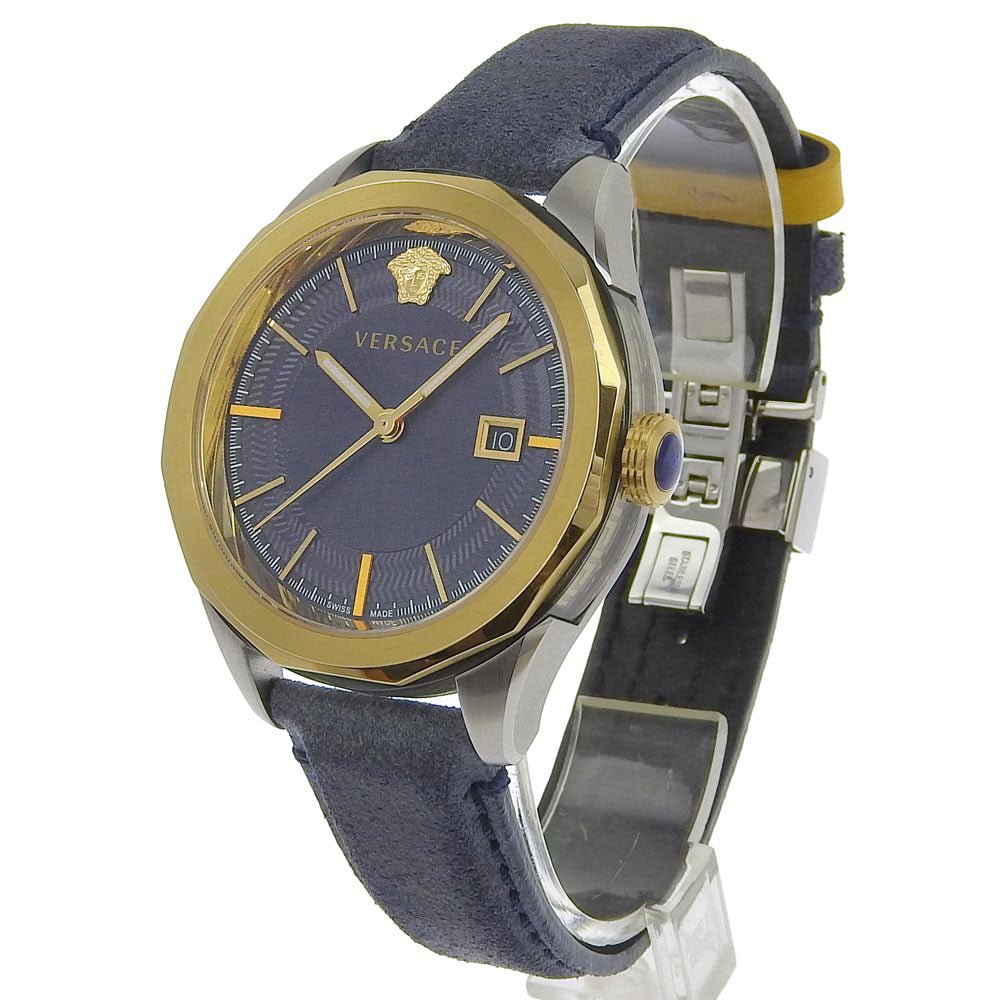 Versace 'VERA' Wristwatch, WR5, Stainless Steel with Leather, Swiss-made, Gold Quartz, Navy Analog Display for Men【Used】A- Rank  WR5