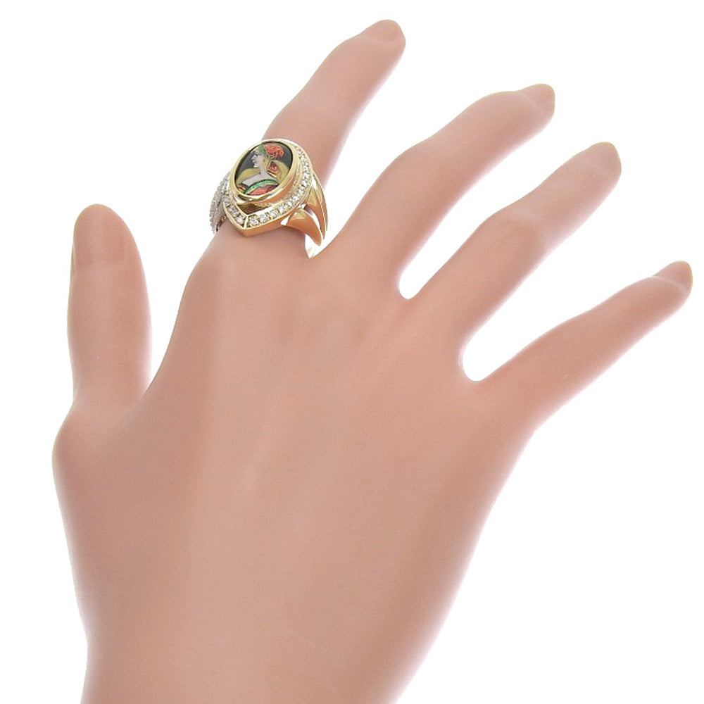 Kajimitsu Enamel Ring, Size 16 in K18 Yellow Gold, Pt900 Platinum with Diamond 0.37, Women's, Made in Japan [Pre-owned, SA Rank]