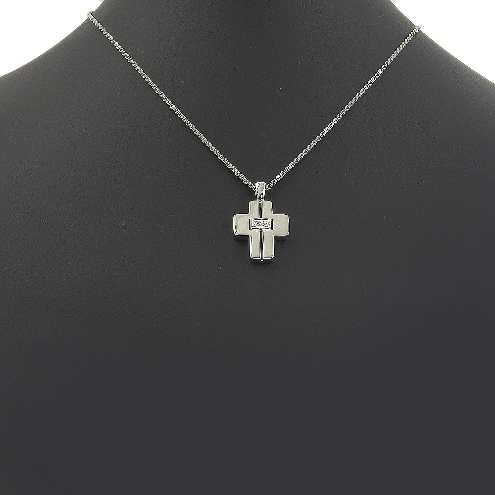 Damiani Cross Necklace with 3P Diamonds in K18 White Gold, Italian Made, Unisex, Grade A