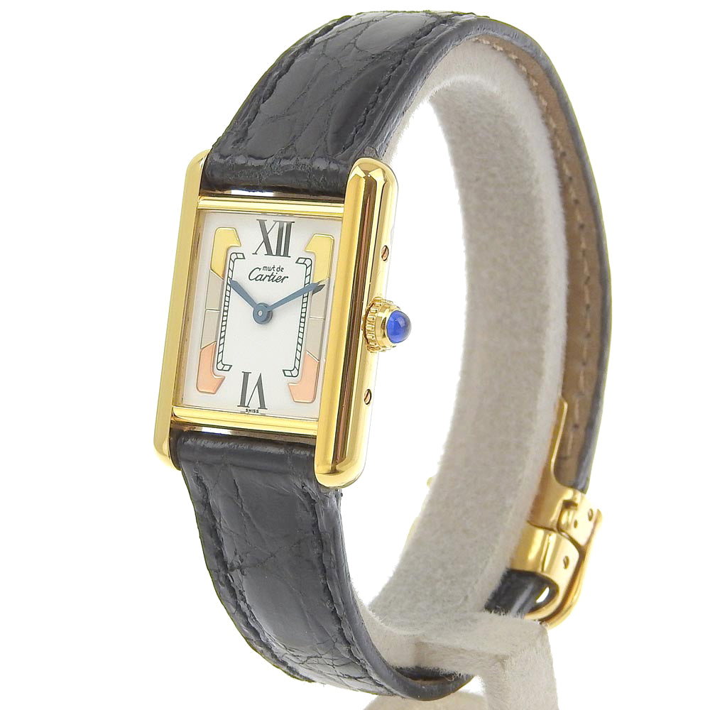 Cartier Must Tank Trinity Watch W1006354 made of Silver925, Stainless Steel and Leather - Swiss Made with Black/Gold Quartz and White Dial【Pre-owned】A-Rank W1006354