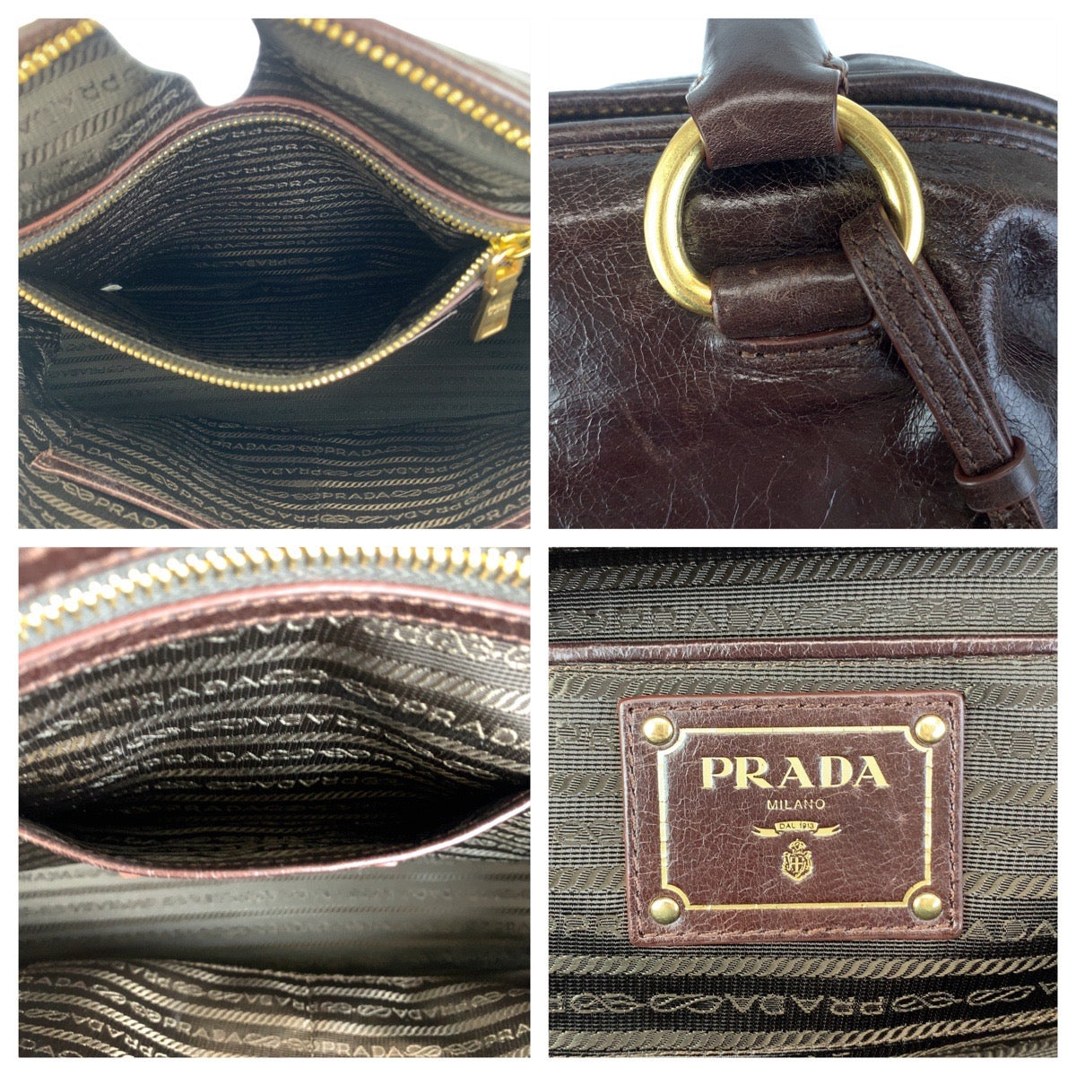 Prada Leather Handbag Brown Black Gold in Great Condition