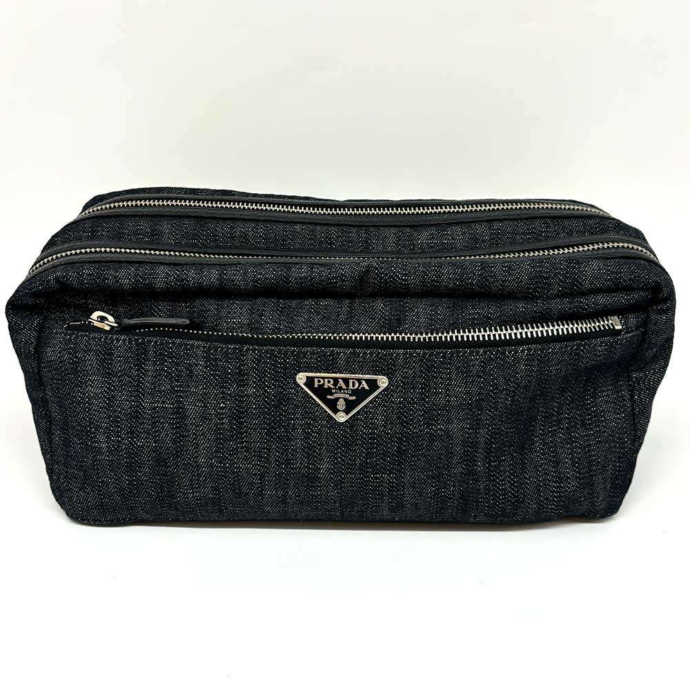 Prada Denim Double Zipper Toiletry Pouch Black in Great Condition