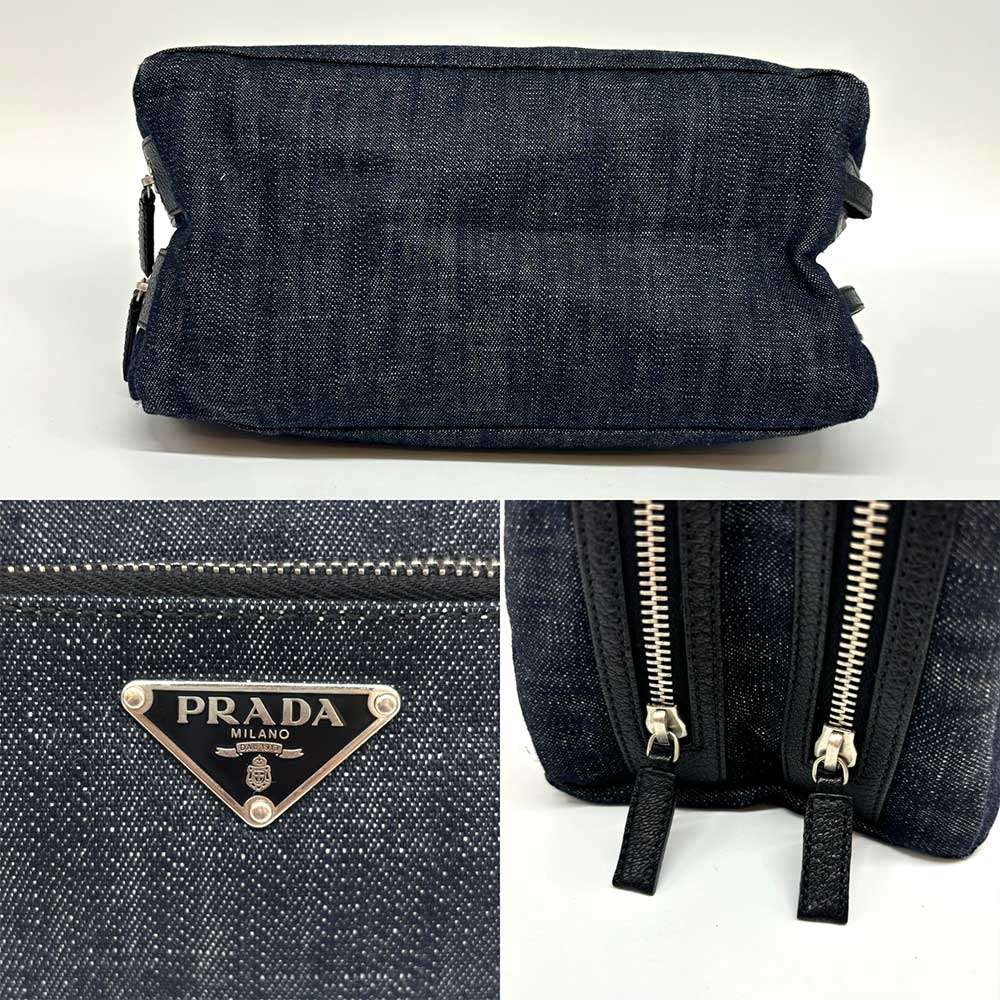 Prada Denim Double Zipper Toiletry Pouch Black in Great Condition