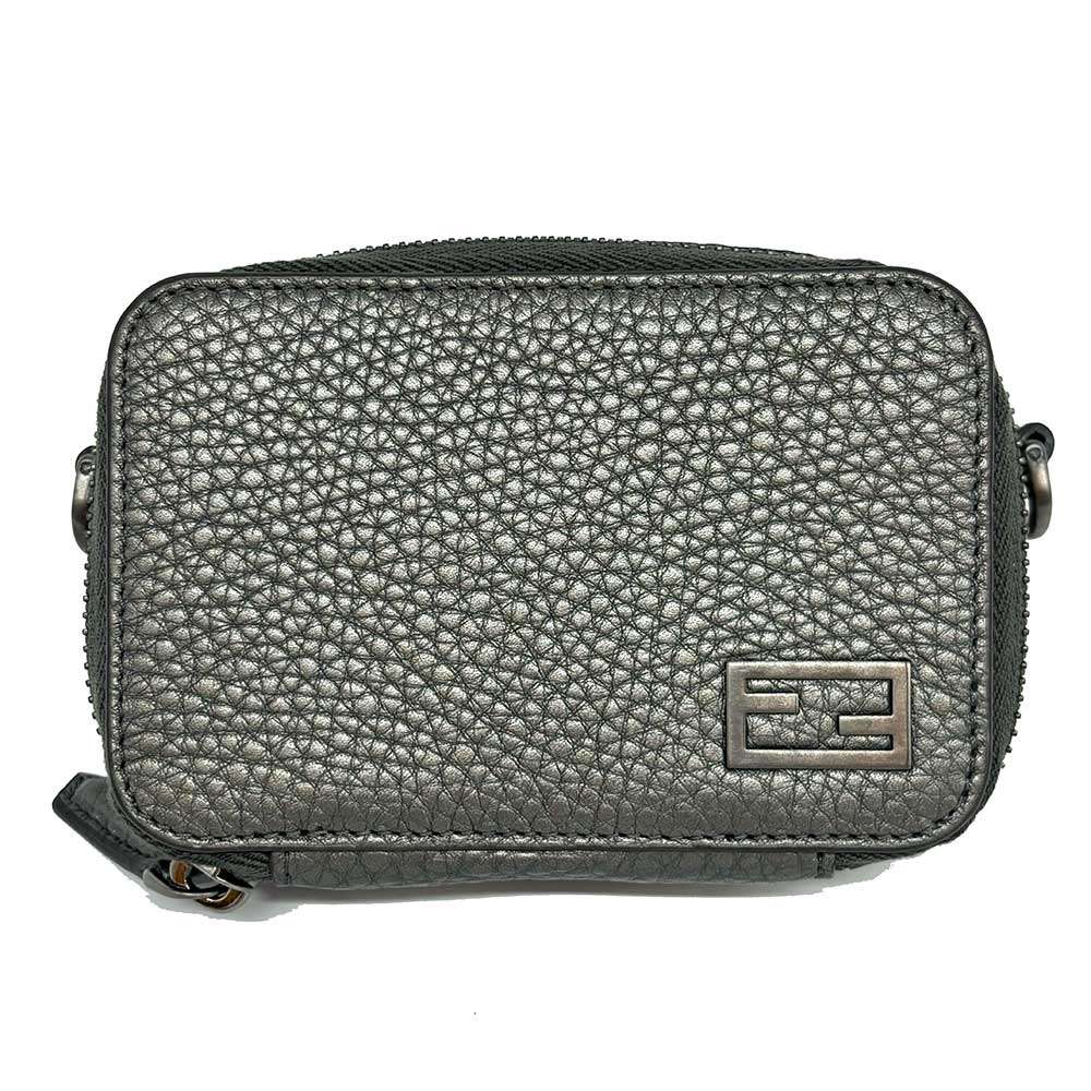 Fendi Leather Mini Crossbody Bag Metallic Gray