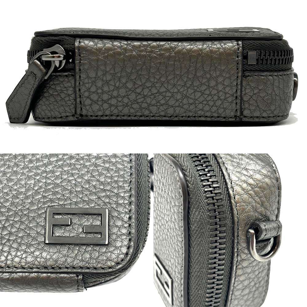 Fendi Leather Mini Crossbody Bag Metallic Gray