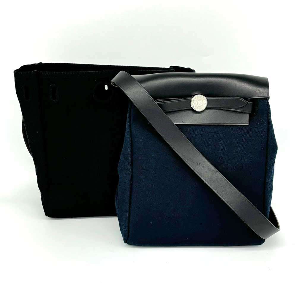 Hermes TPM Canvas Shoulder Bag Navy Black in Very Good Condition