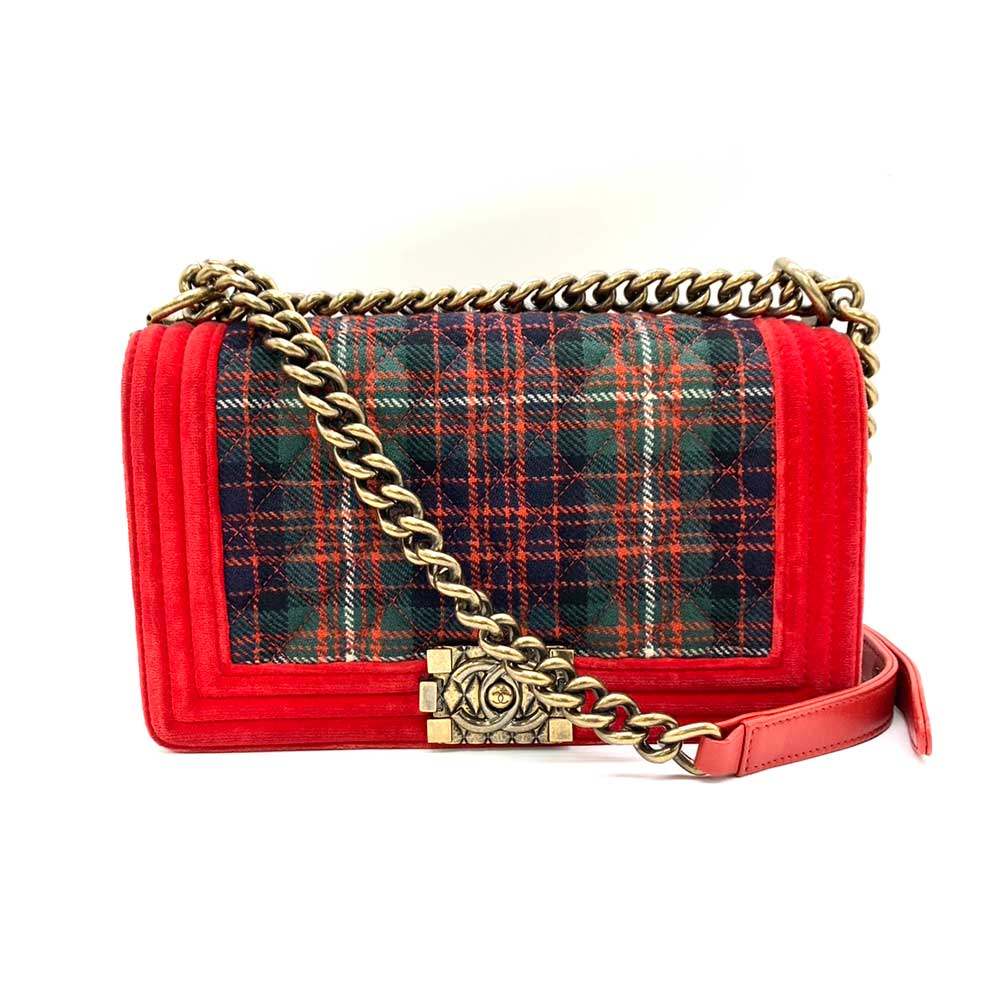 Chanel Boy Chain Shoulder Bag Velour Canvas Red Green Check in Very Good Condition