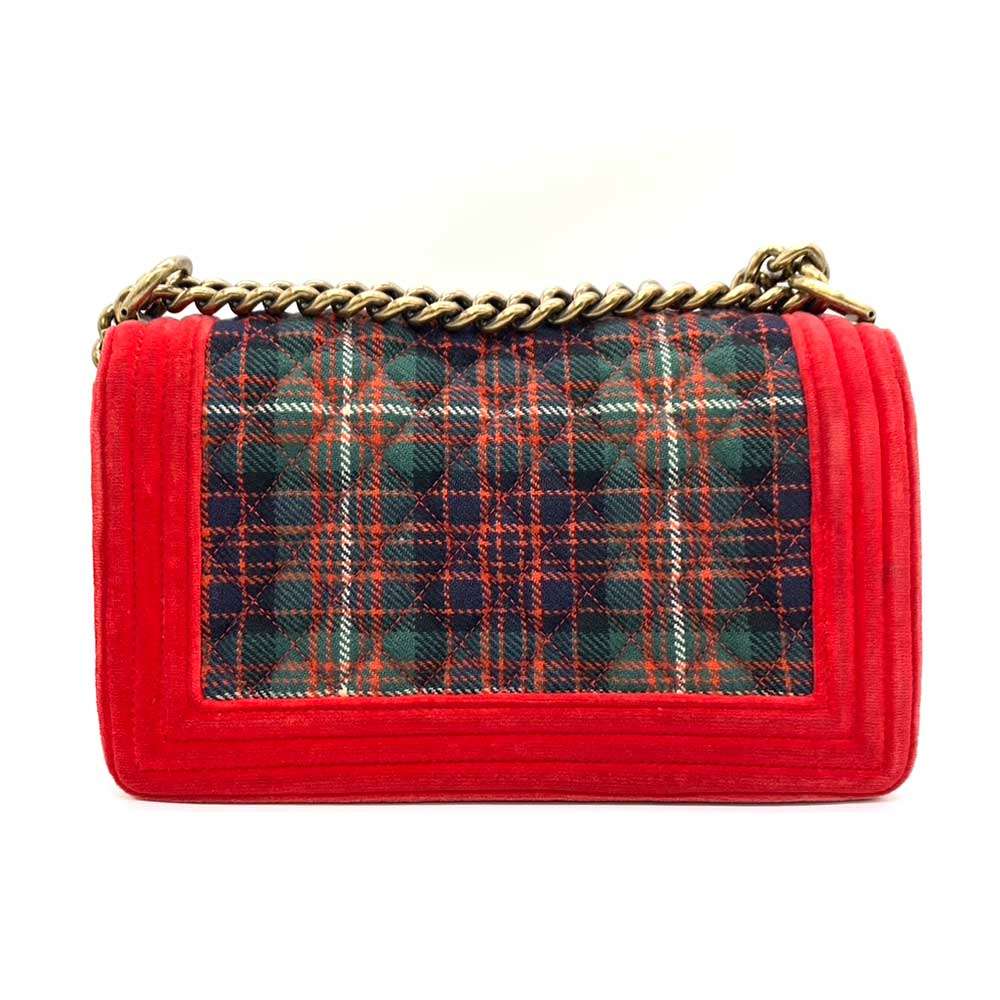 Chanel Boy Chain Shoulder Bag Velour Canvas Red Green Check in Very Good Condition