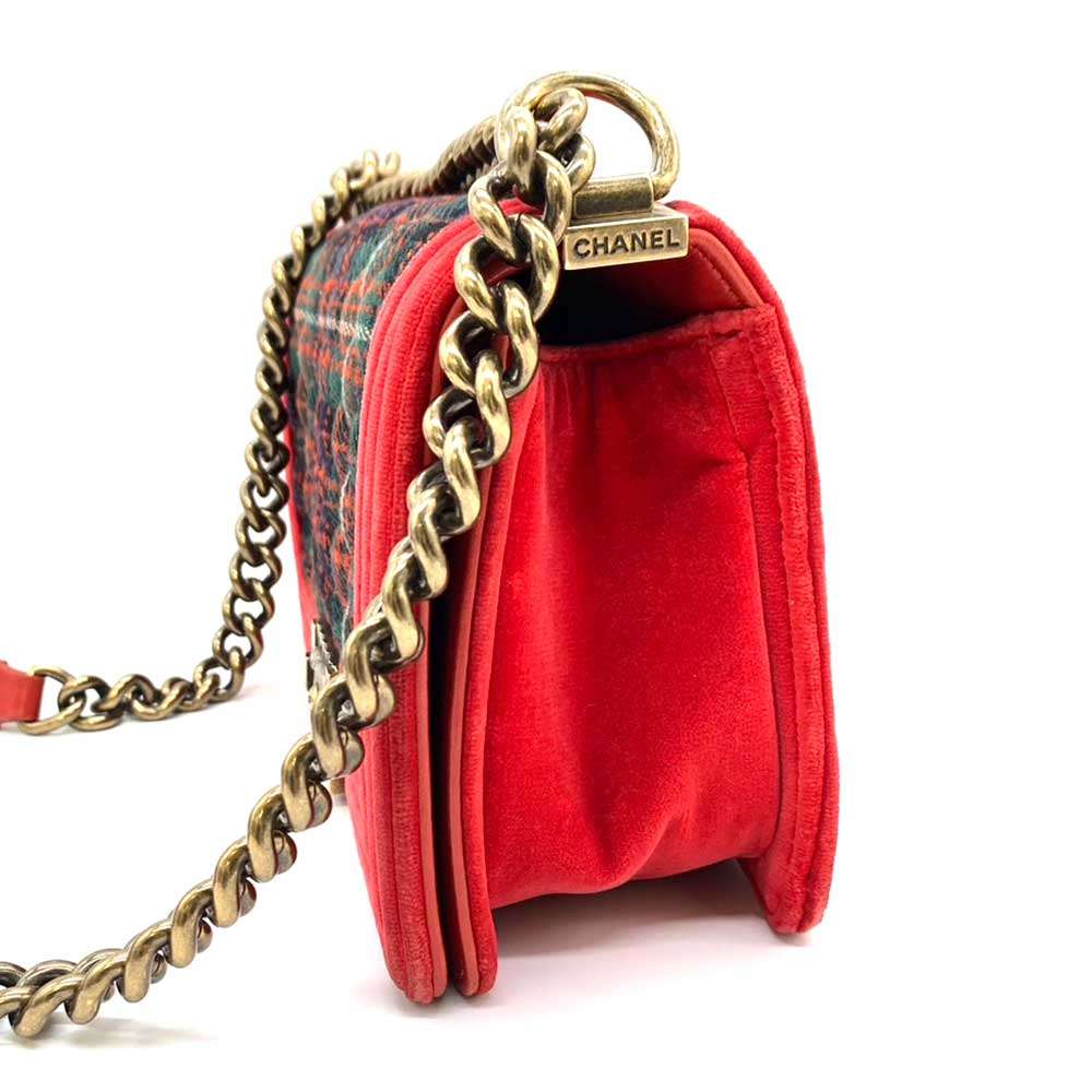 Chanel Boy Chain Shoulder Bag Velour Canvas Red Green Check in Very Good Condition