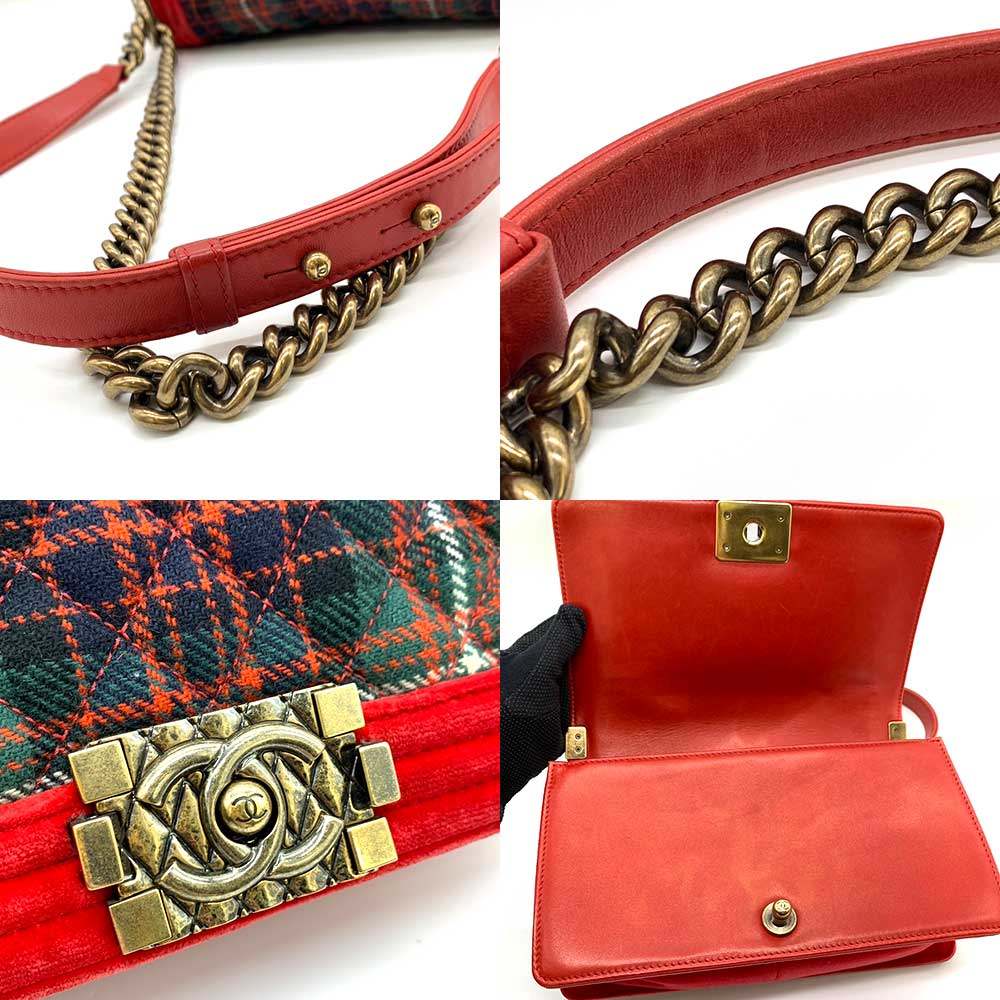 Chanel Boy Chain Shoulder Bag Red Green Check