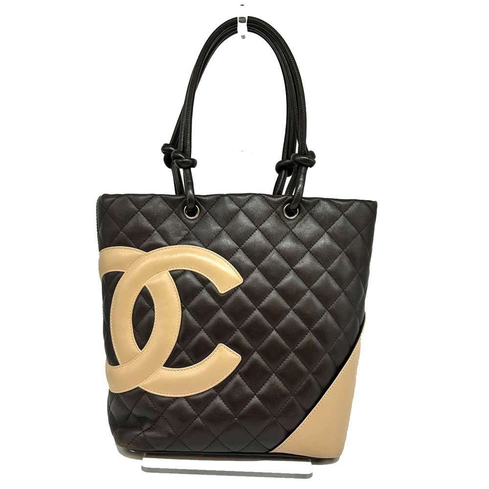 Chanel Cambon Line Leather Tote Bag Dark Brown Beige