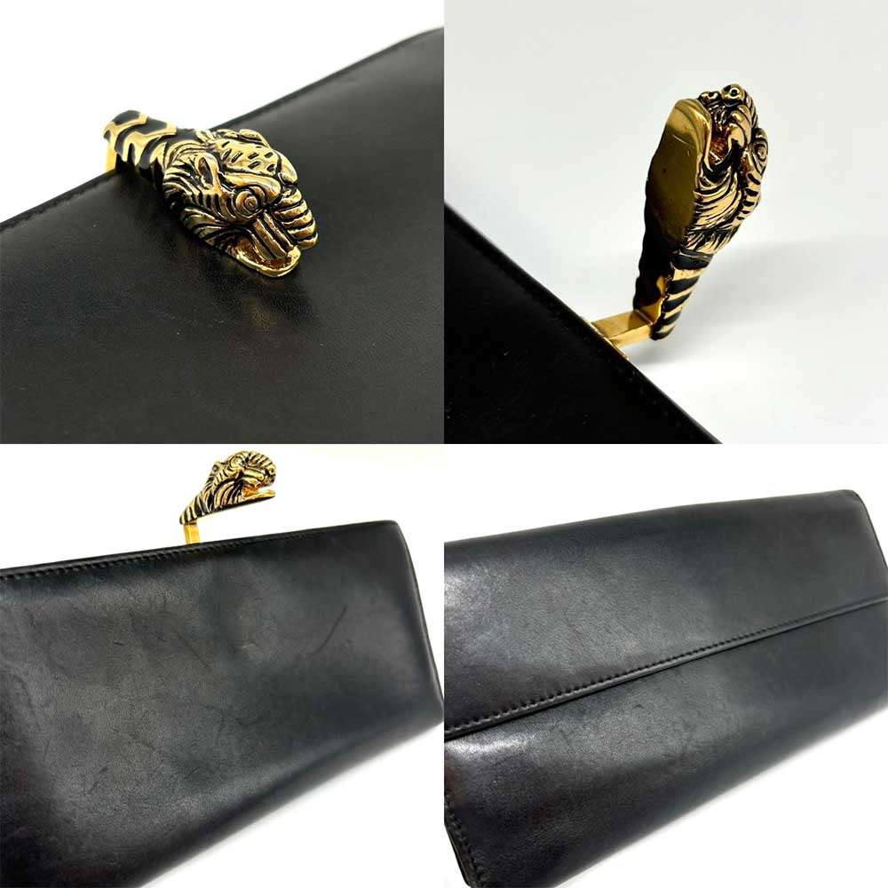 Gucci Leather Tiger Head Clip Long Wallet Black Gold Hardware in Very Good Condition