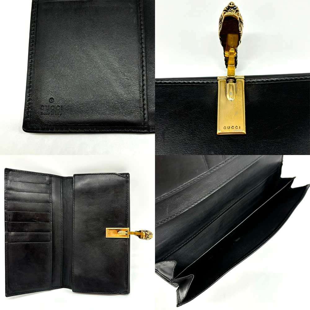 Gucci Leather Tiger Head Clip Long Wallet Black Gold Hardware in Very Good Condition