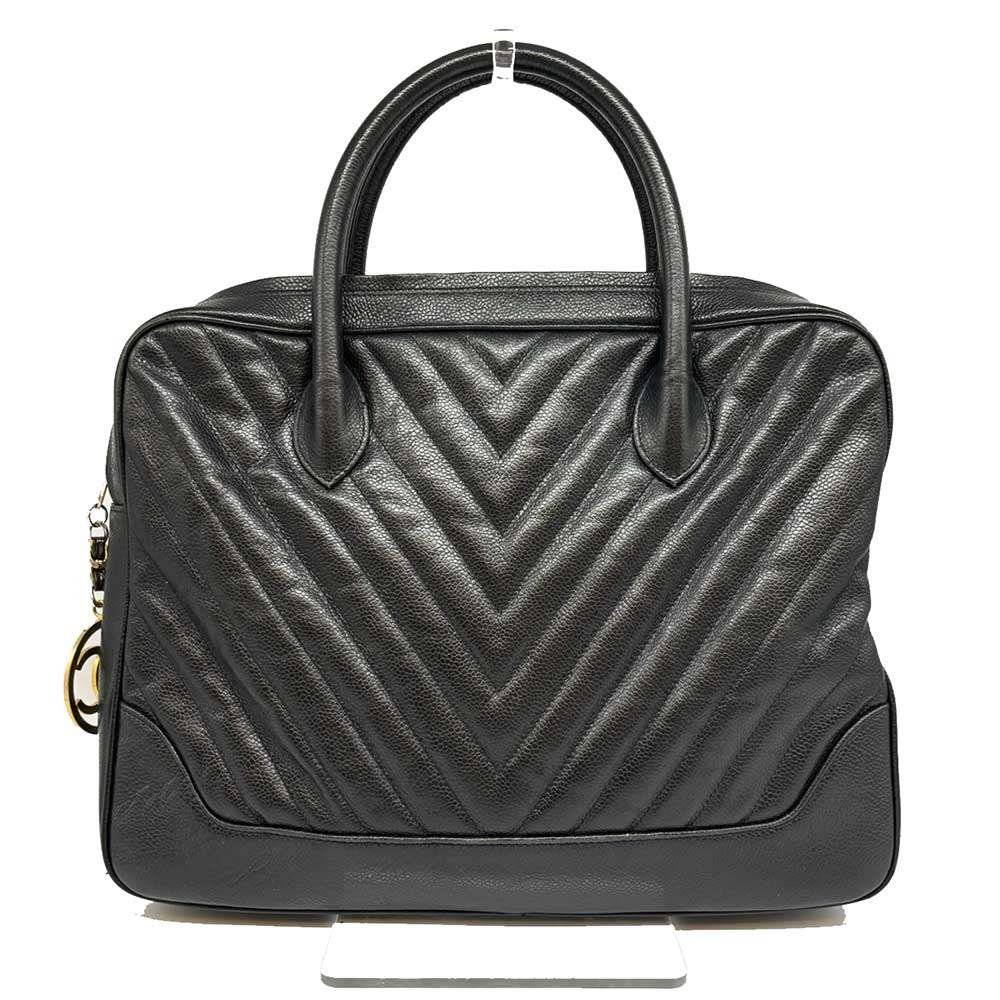 Chanel Caviar Skin Handbag Chevron V Stitch Black Leather