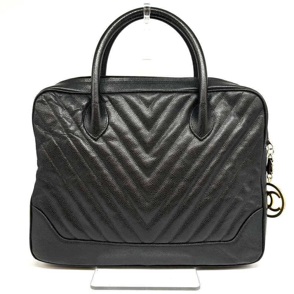 Chanel Caviar Skin Handbag Chevron V Stitch Black Leather