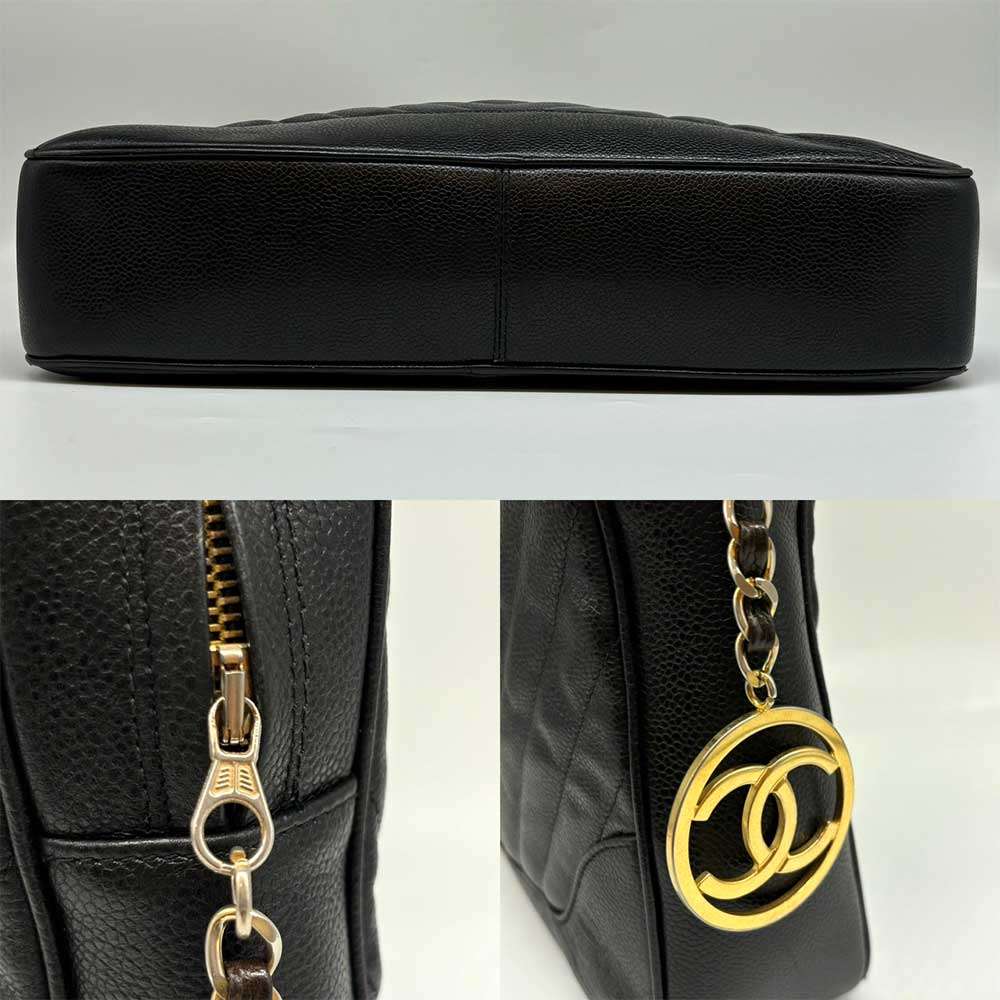 Chanel Caviar Skin Handbag Chevron V Stitch Black Leather